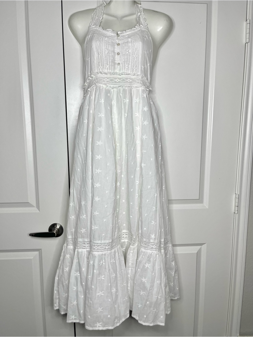 Arnhem Halter Maxi Dress White Eyelet Lace Boho Bridal Organic Cotton Size US 6